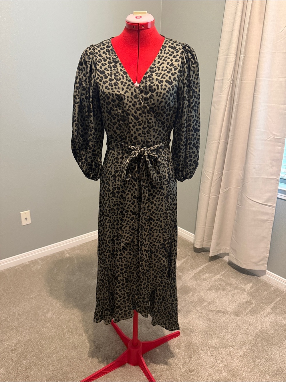 Good American Olive Leopard Wrap Midi Dress with Puff Sleeves